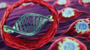 Immagine concettuale, obiettivo macro 60mm, che mostra una rappresentazione stilizzata della proteina TRIM56 interagente con il DNA all'interno di un nucleo cellulare, con cellule immunitarie visibili sullo sfondo sfocato. Illuminazione controllata per evidenziare l'interazione proteina-DNA, alta definizione.