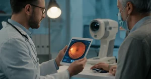 Immagine fotorealistica di un medico che utilizza un tablet con interfaccia AI per analizzare una scansione della retina di un paziente diabetico, luce soffusa da studio medico, obiettivo prime 50mm, profondità di campo che sfoca leggermente lo sfondo, espressione concentrata ma rassicurante del medico.