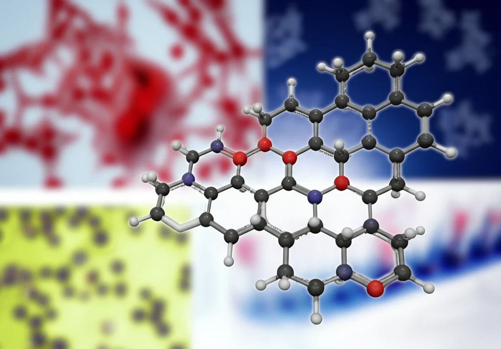 Immagine fotorealistica, obiettivo prime 35mm, profondità di campo accentuata. Una rappresentazione stilizzata della struttura molecolare di DMDBIPOT che brilla leggermente, sospesa in un ambiente di laboratorio sfocato. Sullo sfondo, si intravedono immagini al microscopio di batteri Klebsiella pneumoniae e cellule tumorali PC-3, a simboleggiare il duplice target della molecola.