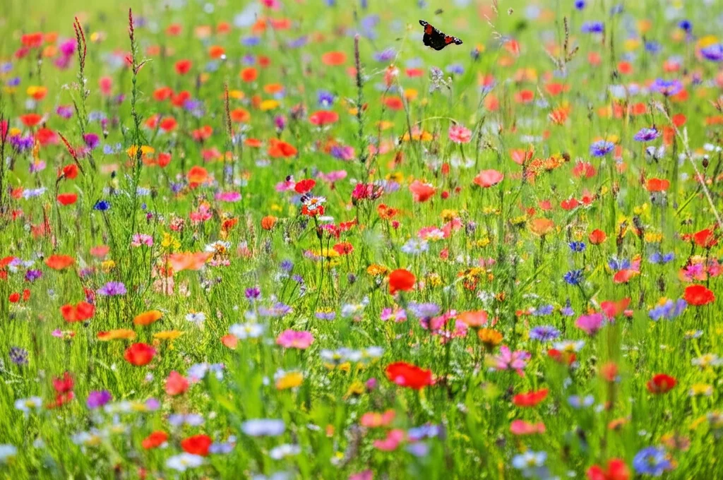 Paesaggio di una prateria restaurata e rigogliosa in piena fioritura, ricca di biodiversità, con farfalle e api visibili tra i fiori colorati, lente grandangolare 18mm, messa a fuoco nitida su tutto il campo per mostrare la vastità e la ricchezza, luce solare brillante del mattino, colori vividi e saturi.
