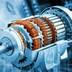 Primo piano di un motore elettrico ad alte prestazioni, illuminazione controllata, dettagli nitidi dei componenti interni visibili, lente macro 85mm, sfondo leggermente sfocato con schemi di circuiti digitali sovrapposti.