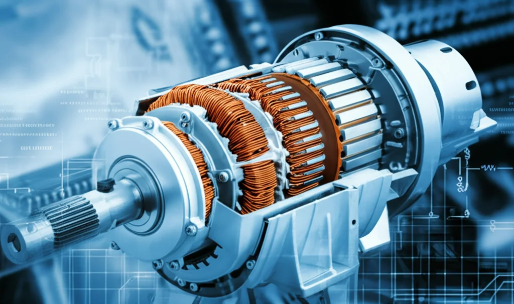 Primo piano di un motore elettrico ad alte prestazioni, illuminazione controllata, dettagli nitidi dei componenti interni visibili, lente macro 85mm, sfondo leggermente sfocato con schemi di circuiti digitali sovrapposti.