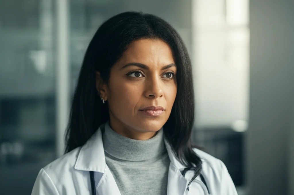 Ritratto fotografico di una donna di circa 45 anni, etnia mista, dall'espressione pensierosa ma speranzosa, in un ambiente clinico luminoso ma discreto (sala d'attesa o studio medico). Luce morbida. Obiettivo da ritratto 50mm, profondità di campo ridotta, toni caldi.