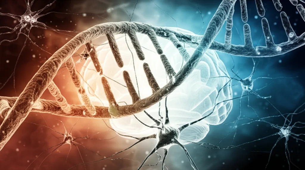 Visualizzazione artistica di una doppia elica di DNA che si fonde con una rete neurale del cervello umano, simboleggiando la connessione genetica con l'Alzheimer, illuminazione drammatica, profondità di campo, obiettivo 50mm.