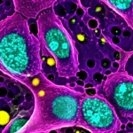 Visualizzazione microscopica astratta di cellule di mieloma multiplo (viola brillante) che interagiscono strettamente con macrofagi M2 (verde acqua) all'interno del microambiente del midollo osseo. Si notano piccole sfere gialle (lattato) rilasciate dalle cellule tumorali. Lente macro 100mm, alta definizione, illuminazione controllata e suggestiva, focus sulla comunicazione intercellulare.
