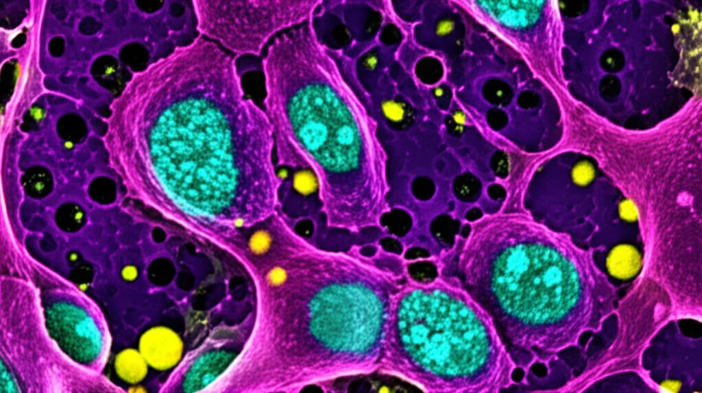 Visualizzazione microscopica astratta di cellule di mieloma multiplo (viola brillante) che interagiscono strettamente con macrofagi M2 (verde acqua) all'interno del microambiente del midollo osseo. Si notano piccole sfere gialle (lattato) rilasciate dalle cellule tumorali. Lente macro 100mm, alta definizione, illuminazione controllata e suggestiva, focus sulla comunicazione intercellulare.