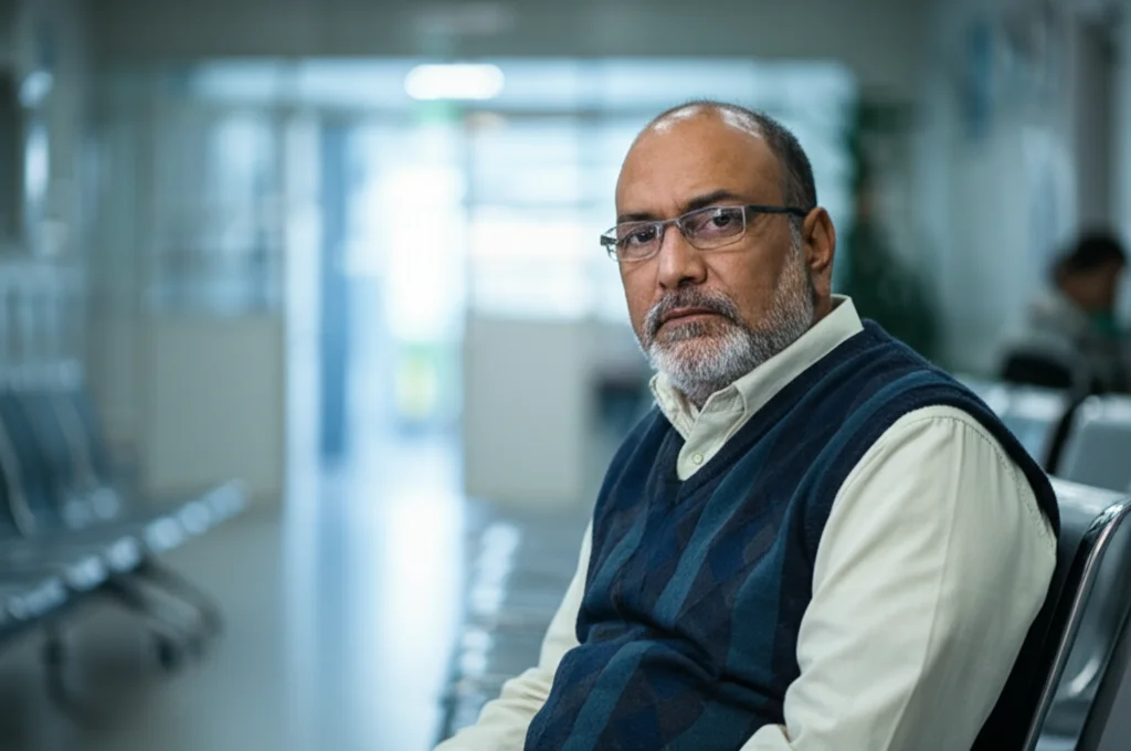 Fotografia realistica di un paziente anziano indiano seduto in una sala d'attesa di un ospedale, espressione preoccupata e stanca, luce soffusa laterale, obiettivo 35mm, profondità di campo che sfoca leggermente lo sfondo.