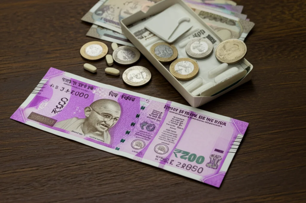 Primo piano macro di monete e banconote indiane (Rupie) sparse accanto a una scatola di medicinali per il cancro su un tavolo di legno scuro, illuminazione drammatica controllata, alta definizione dei dettagli, obiettivo macro 100mm.