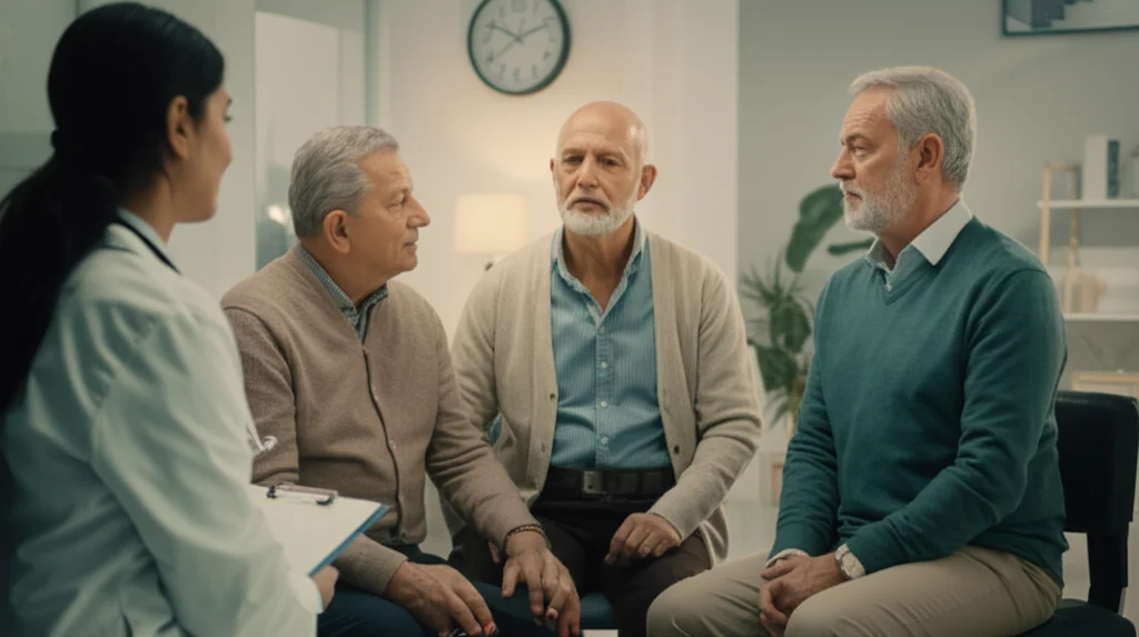 Fotografia realistica di un medico o assistente sociale indiano che parla con un paziente anziano e la sua famiglia in un contesto clinico semplice ma luminoso, trasmettendo empatia e supporto, obiettivo 50mm, toni caldi e accoglienti.