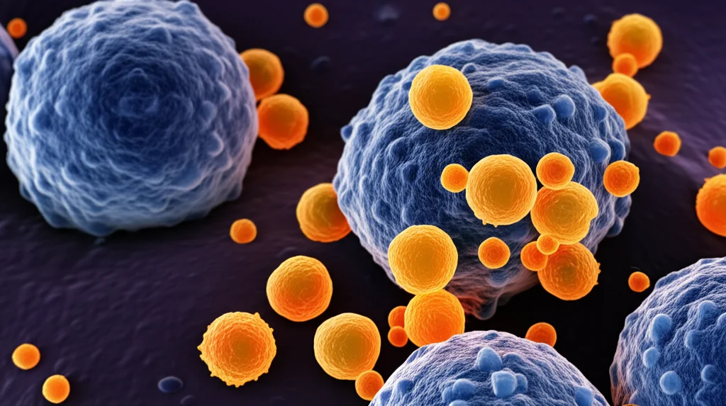 Fotografia macro di cellule T CD4+ (visualizzate come sfere luminose arancioni) che interagiscono attivamente con cellule presentanti l'antigene (più grandi, bluastre) all'interno di un microambiente tumorale simulato. Illuminazione controllata da laboratorio, obiettivo macro 90mm, alta definizione dei dettagli cellulari, sfondo scuro.