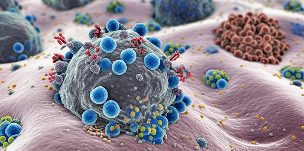 Visualizzazione 3D ad alta risoluzione del microambiente tumorale. Si vedono cellule tumorali (grigie e irregolari) circondate da varie cellule immunitarie: linfociti T citotossici (rossi brillanti) che infiltrano la massa, macrofagi (blu) e neutrofili (gialli). Molecole di citochine come IFN-gamma e TNF-alfa sono rappresentate come piccole particelle luminose diffuse. Obiettivo simulato ad ampio campo, stile scientifico-illustrativo.