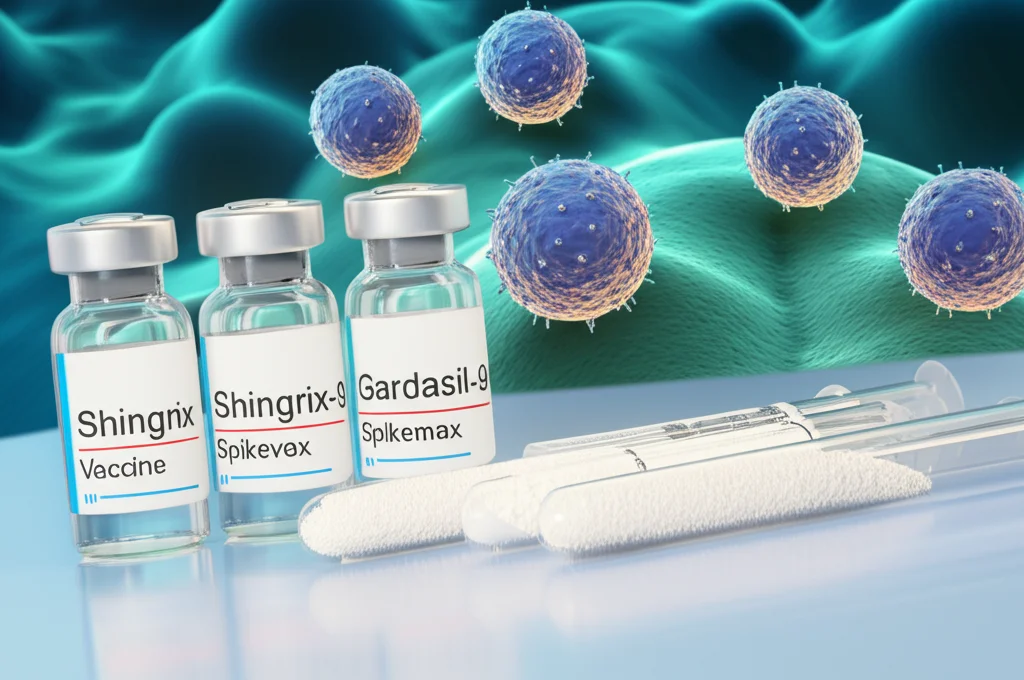 Primo piano fotorealistico di fiale di vaccino etichettate Shingrix, Gardasil-9 e Spikevax accanto a piccole provette contenenti peptidi sintetici in polvere bianca. Sullo sfondo, una rappresentazione grafica stilizzata di cellule T che attaccano cellule tumorali. Illuminazione da studio controllata, obiettivo macro 70mm, alta definizione, focus sui peptidi.