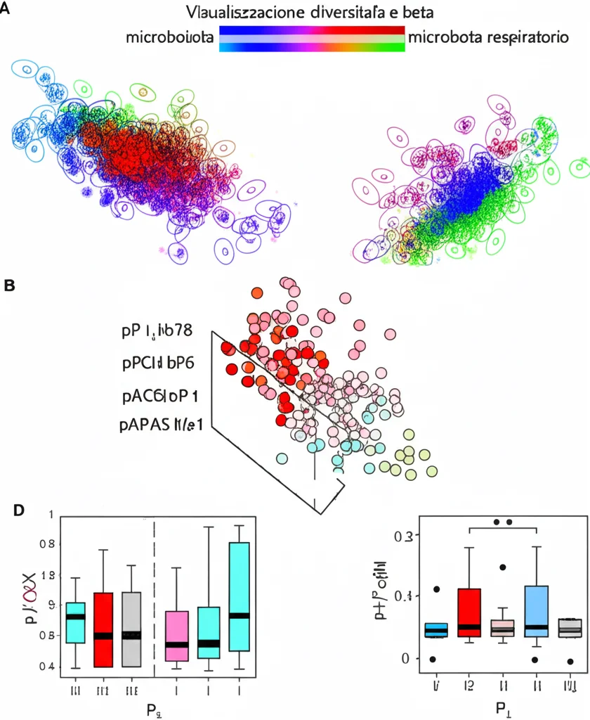Visualizzazione astratta della diversità alfa e beta del microbiota respiratorio, usando grafici colorati come PCoA plot e box plot. Concettuale, alta definizione, colori vivaci su sfondo scuro.