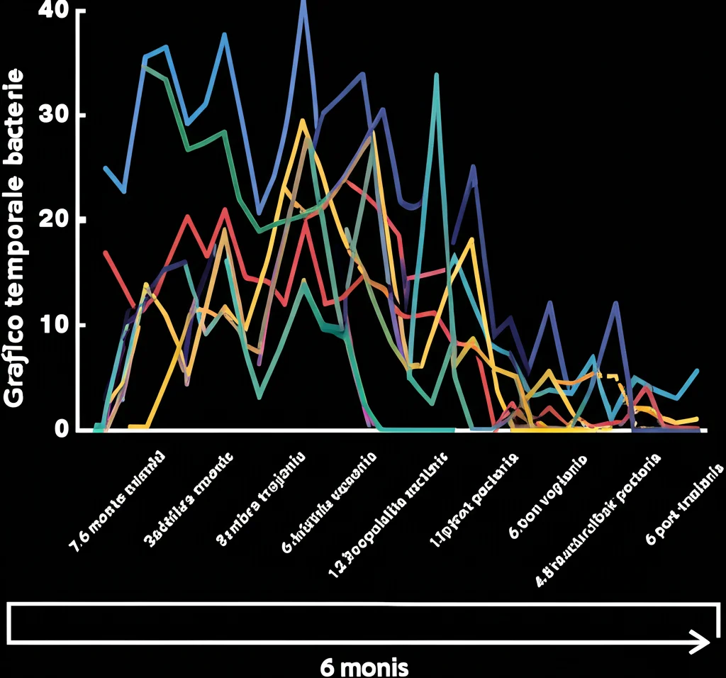 Grafico temporale astratto che mostra le fluttuazioni delle popolazioni batteriche (linee colorate che salgono e scendono) su un asse temporale di 6 mesi post-trapianto. Concettuale, stile infografica scientifica, alta risoluzione.