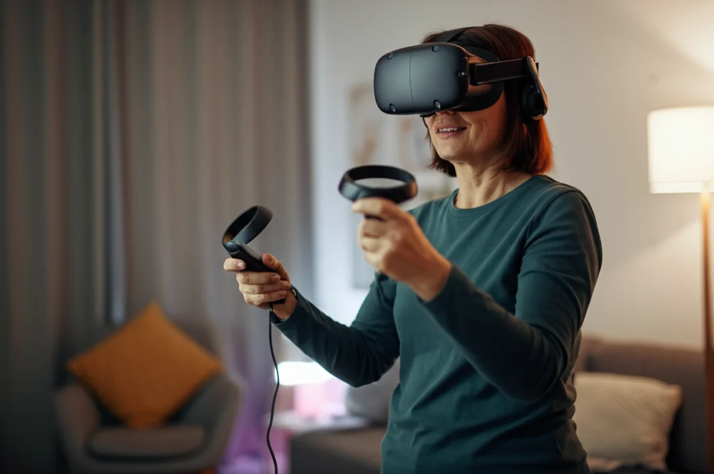 Una donna di mezza età indossa un visore VR e tiene dei controller, sorridendo leggermente mentre interagisce con un ambiente virtuale luminoso. Fotografia ritratto, obiettivo 35mm, profondità di campo morbida, colori caldi e accoglienti, stile filmico leggero.