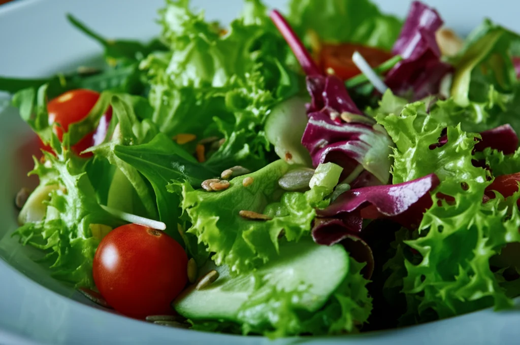 Primo piano su un piatto di insalata mista colorata con verdure fresche e semi. Obiettivo macro 85mm, alta definizione dei dettagli delle foglie e dei condimenti, illuminazione laterale morbida che esalta le texture, sfondo leggermente sfocato.