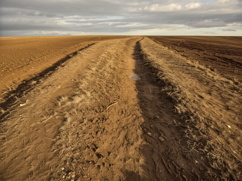 Fotografia astratta che mostra due percorsi divergenti su un terreno arido, uno liscio (perdono) e uno accidentato (vendetta), che forse si incontrano in lontananza sotto un cielo nuvoloso. Obiettivo grandangolare 20mm, luce del tardo pomeriggio che crea lunghe ombre, colori leggermente desaturati.