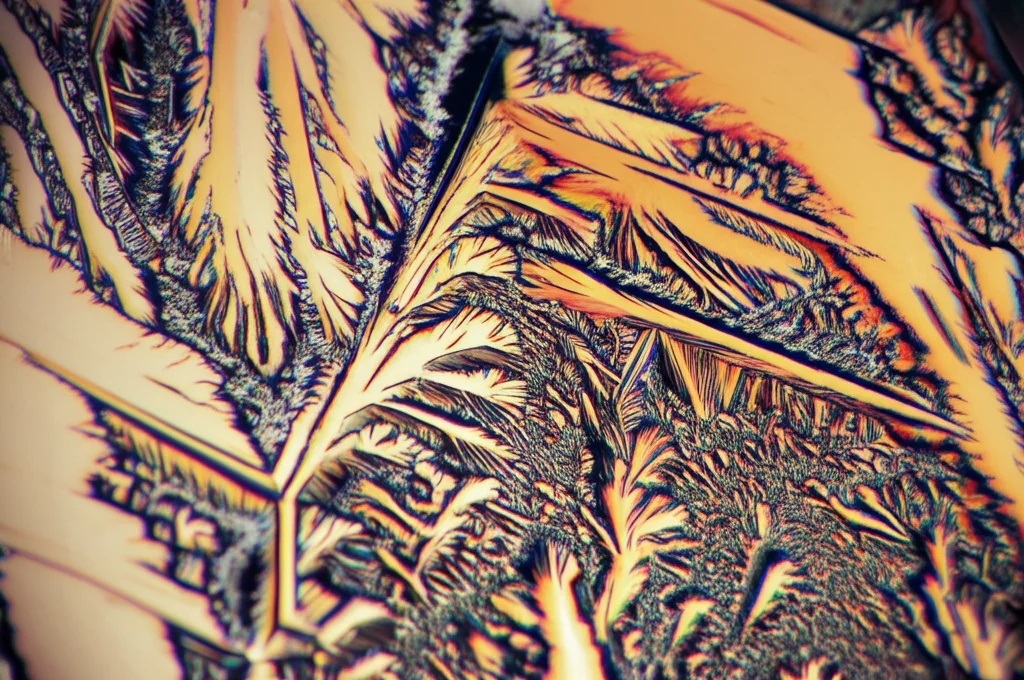 Fotografia macro di una complessa struttura cristallina frattale, illuminazione controllata per evidenziare dettagli intricati e percorsi ramificati al suo interno, obiettivo macro 100mm, alta definizione, messa a fuoco precisa.