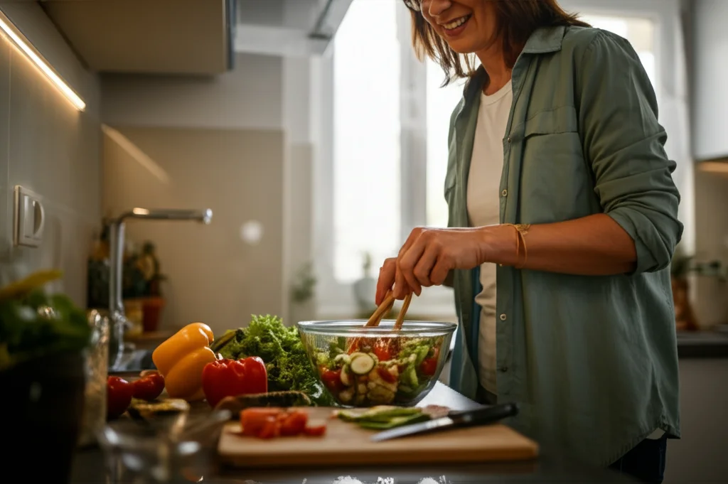 Una donna di mezza età sorridente che prepara un'insalata colorata e salutare nella sua cucina luminosa. Macro lens 60mm, high detail, precise focusing, controlled lighting, luce naturale dalle finestre.