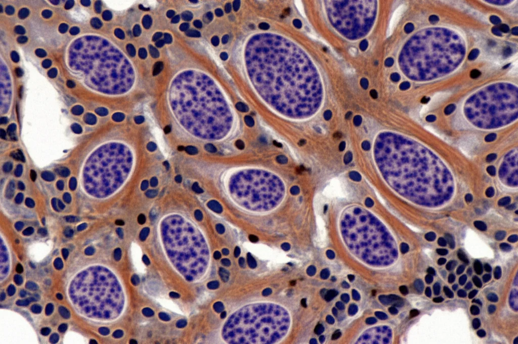 Primo piano di cellule al microscopio elettronico, alcune sane e altre che mostrano segni di senescenza cellulare. High detail, precise focusing, illuminazione scientifica, colori tenui e contrastati per evidenziare le strutture.