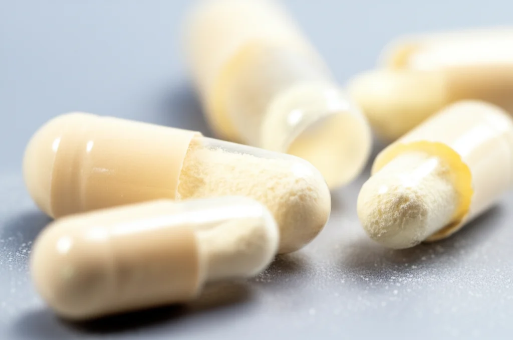 Macro fotografia di capsule di probiotici color crema aperte su una superficie sterile, con la polvere fine visibile all'interno. Obiettivo macro 100mm, illuminazione da studio controllata per evidenziare la texture della polvere, alta definizione, messa a fuoco precisa sulle capsule.
