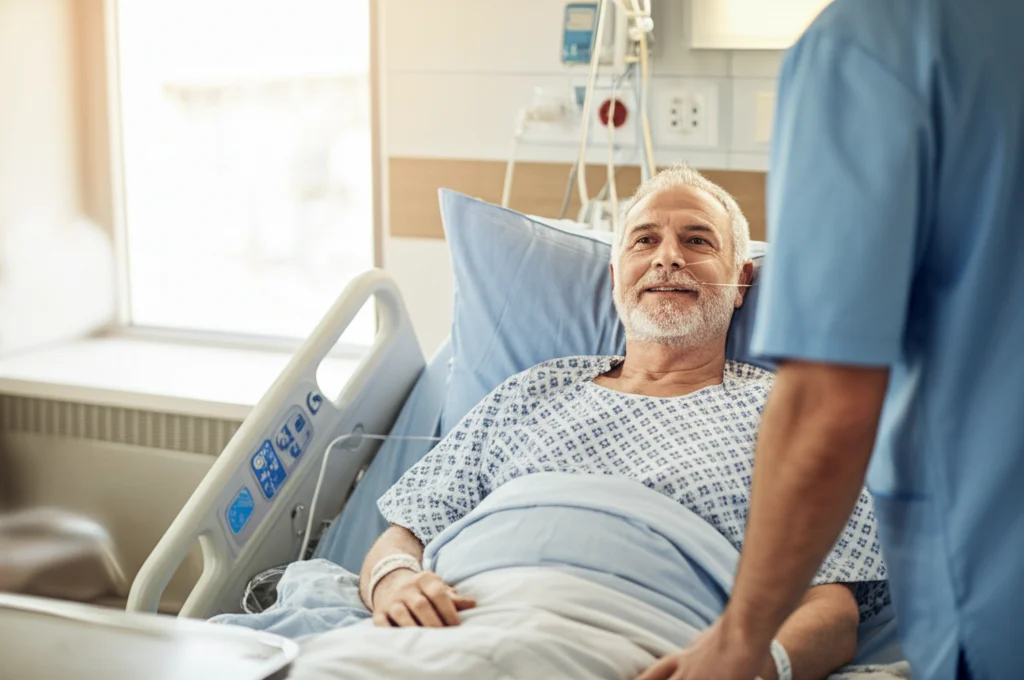 Fotografia di un paziente post-operatorio a letto in una stanza d'ospedale luminosa, mentre interagisce con un infermiere. Focus sul volto sereno del paziente. Obiettivo prime 35mm, luce naturale dalla finestra, profondità di campo ridotta per sfocare lo sfondo, atmosfera di cura e recupero.