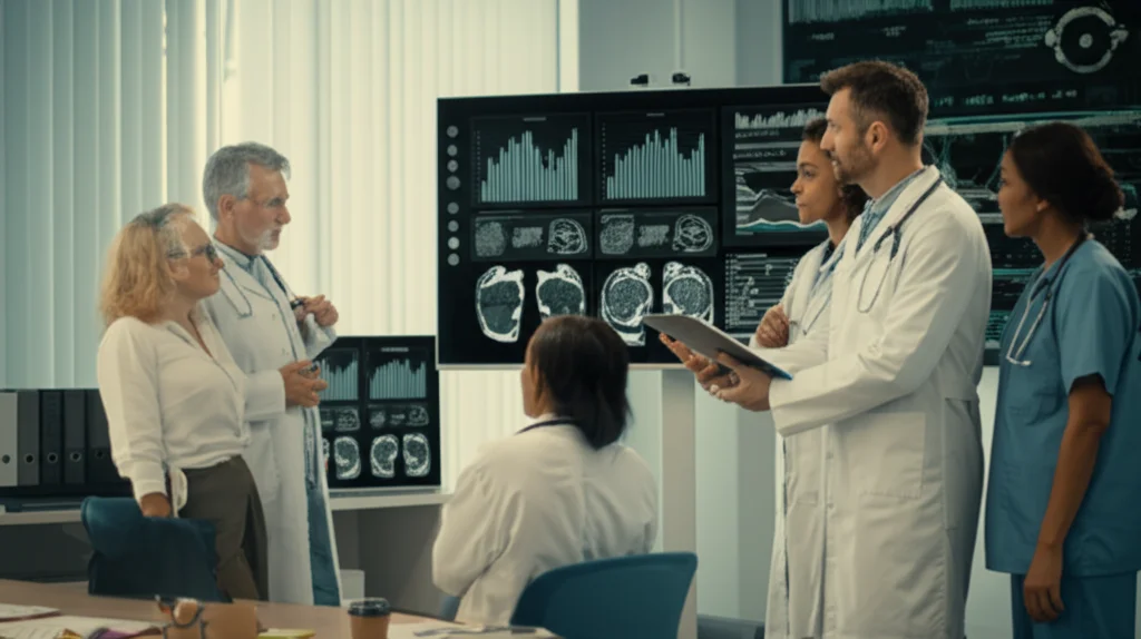 Immagine fotorealistica di un team di ricercatori e medici che discutono davanti a schermi con grafici e dati clinici in una sala riunioni moderna. Obiettivo zoom 24-70mm impostato a circa 35mm, illuminazione da ufficio brillante, focus sul gruppo che collabora, espressioni concentrate ma positive.