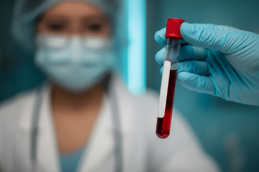 Primo piano di una provetta di sangue tenuta da una mano guantata in un laboratorio medico, luce controllata, obiettivo macro 90mm, alta definizione dei dettagli del siero.