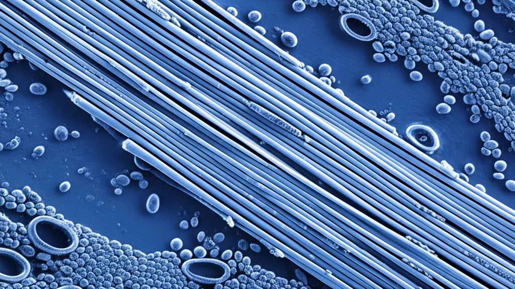Micrografia elettronica stilizzata di fibre muscolari scheletriche umane, con evidenziazione di alcune strutture cellulari, illuminazione drammatica, obiettivo macro 100mm, alta definizione.