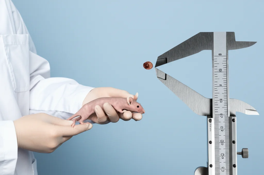 Telephoto zoom, 100-400mm, fast shutter speed, action tracking, foto realistica di un ricercatore in camice bianco e guanti che misura con un calibro un tumore sottocutaneo su un topo nudo BALB/c in un ambiente di laboratorio controllato SPF.