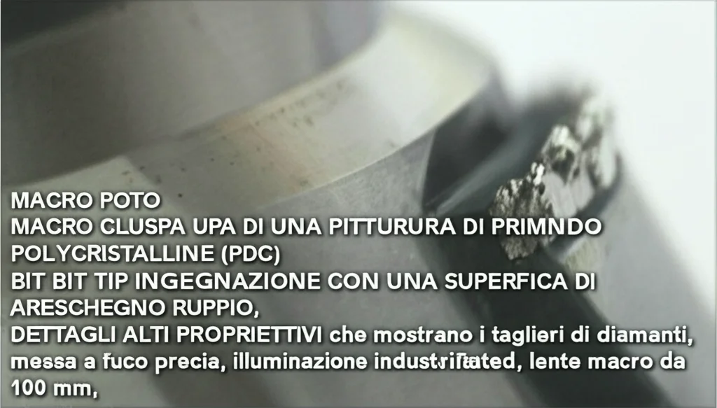 MACRO POTO MACRO CLUSPA UPA DI UNA PITTURA DI PROPRIO DI PRIMA DI DAMONDO POLYCRISTALLINE (PDC) BIT BIT TIP INGEGNAZIONE CON UNA SUPERFICA DI ARESCHEGNO RUPPIO, DETTAGLI ALTI PROPRIETTIVI che mostrano i taglieri di diamanti, messa a fuoco precisa, illuminazione industriale controllata, lente macro da 100 mm.
