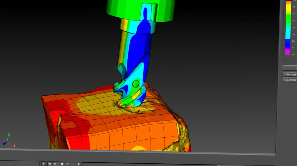 Vista ad angolo largo di una mesh di simulazione a elementi finiti 3D sullo schermo di un computer, che mostra contorni di stress colorati attorno a un modello di bit di trapano virtuale che penetra nel blocco di roccia, si concentra forte sui dettagli dello schermo, sfondo scuro, obiettivo largo da 24 mm.