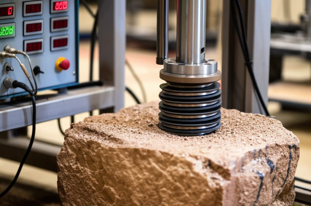 Scatto fotorealistico di un impianto di perforazione di ancoraggio idraulico che opera su un grande blocco di arenaria in un ambiente di laboratorio, focalizzati sull'asta di perforazione rotante con leggero sfocatura del movimento, pannello di controllo con letture digitali luminose visibili, detriti sparsi intorno, teleobiettivo 150 mm, velocità dell'otturatore rapido.