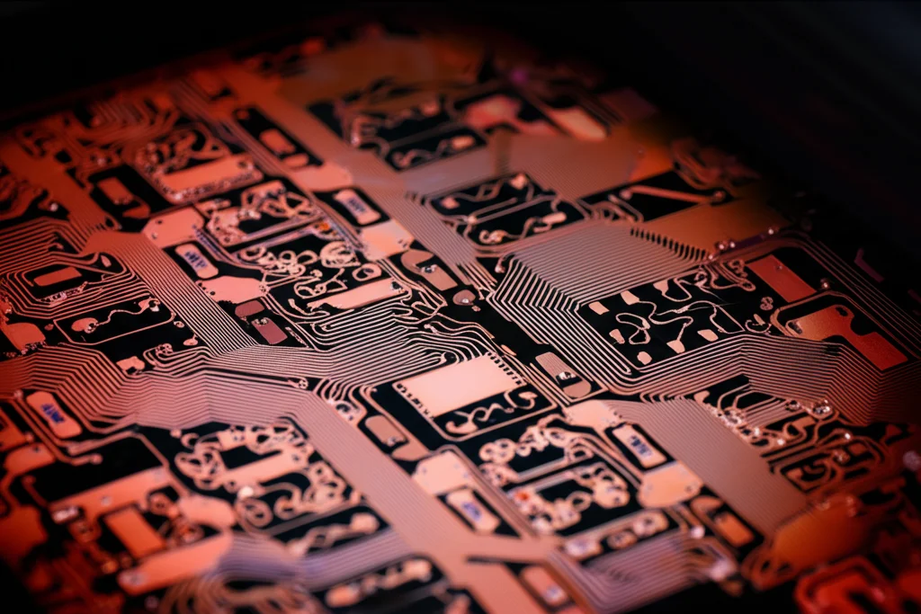 Fotografia macro ad alta definizione di un microchip illuminato con pattern di circuiti complessi, obiettivo macro 100mm, luce controllata, a simboleggiare la complessità del modello deep learning a doppio stadio.