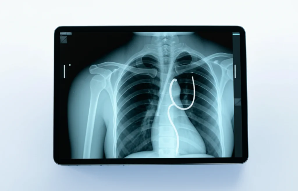 Interfaccia utente di un software medico su un tablet, che mostra una radiografia toracica con il sondino nasogastrico segmentato e classificato dall'AI. Design pulito e moderno, focus sull'usabilità clinica.