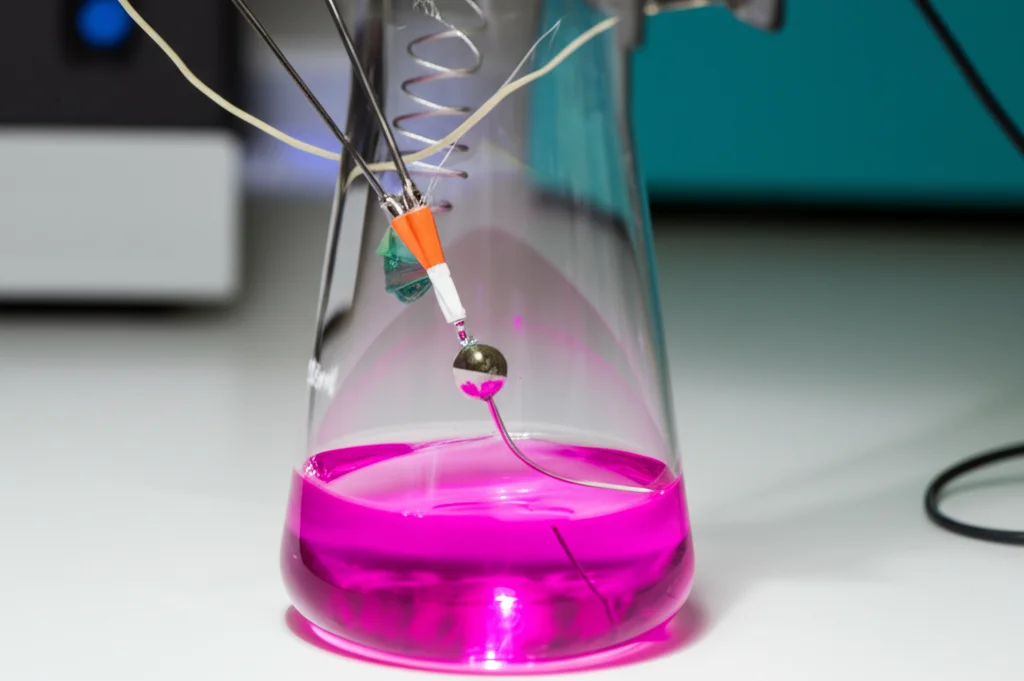 Fotografia di un setup elettrochimico da laboratorio in primo piano: elettrodo di lavoro GCE modificato immerso in una beuta contenente una soluzione colorata, elettrodo di riferimento Ag/AgCl e controelettrodo a spirale di platino visibili. Illuminazione da laboratorio, obiettivo 60mm macro, messa a fuoco precisa sull'elettrodo di lavoro.