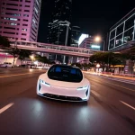 Auto a guida autonoma futuristica su strada cittadina notturna illuminata al neon, obiettivo grandangolare 15mm, messa a fuoco nitida, lunga esposizione con scie luminose, concetto di percezione AI avanzata e reti neurali spiking.
