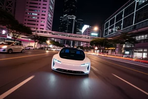 Auto a guida autonoma futuristica su strada cittadina notturna illuminata al neon, obiettivo grandangolare 15mm, messa a fuoco nitida, lunga esposizione con scie luminose, concetto di percezione AI avanzata e reti neurali spiking.