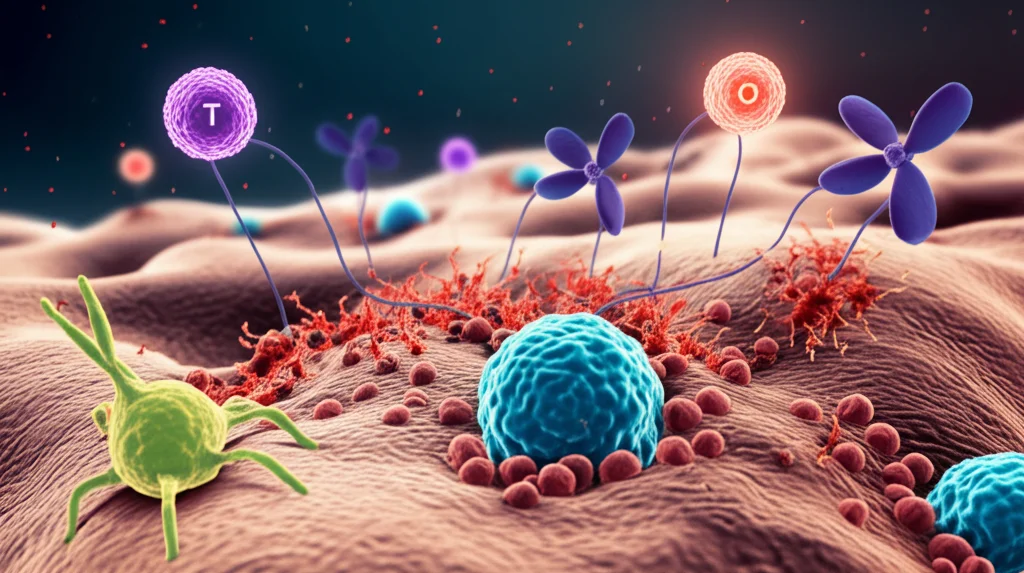 Immagine concettuale fotorealistica che fonde una visualizzazione microscopica di cellule di osteosarcoma (con dettagli che suggeriscono la ferroptosi, come particelle di ferro evidenziate) con una rappresentazione stilizzata del sistema immunitario (linfociti T e macrofagi colorati) che interagisce attivamente con esse all'interno del microambiente osseo. Obiettivo prime 35mm, profondità di campo per sfocare leggermente lo sfondo osseo, illuminazione drammatica che mette in risalto l'interazione cellulare cruciale tra tumore, ferroptosi e immunità.