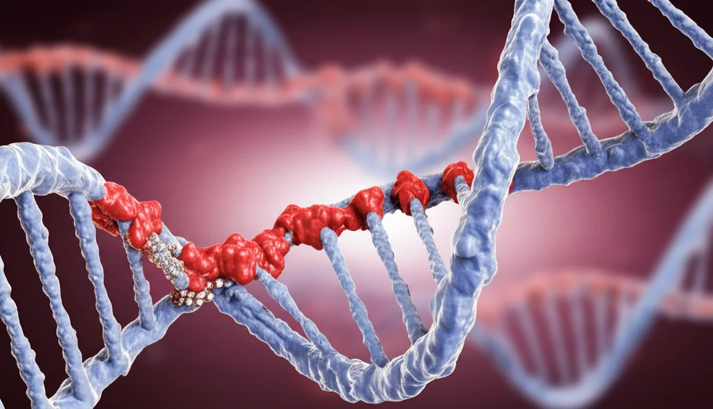 Immagine concettuale fotorealistica che mostra una doppia elica di DNA con specifici siti metilati evidenziati (gruppi metilici rossi) e uno strumento molecolare (stilizzazione di CRISPR-dCas9-Tet1) che rimuove selettivamente questi gruppi, simboleggiando la demetilazione mirata del promotore EphA7 nel contesto del cancro cervicale. Macro lens, 60mm, high detail, precise focusing, controlled lighting, profondità di campo.