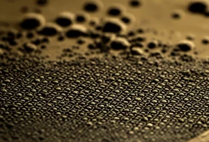 Immagine fotorealistica di un elettrodo di carbonio vetroso modificato con nanomateriali (nanotubi di carbonio fMWCNTs e ossidi metallici CuO-ZnO) immerso in una soluzione acquosa contenente molecole di pirene, visualizzazione microscopica con effetto profondità di campo, obiettivo macro 85mm, illuminazione drammatica focalizzata sull'interfaccia elettrodo-soluzione.