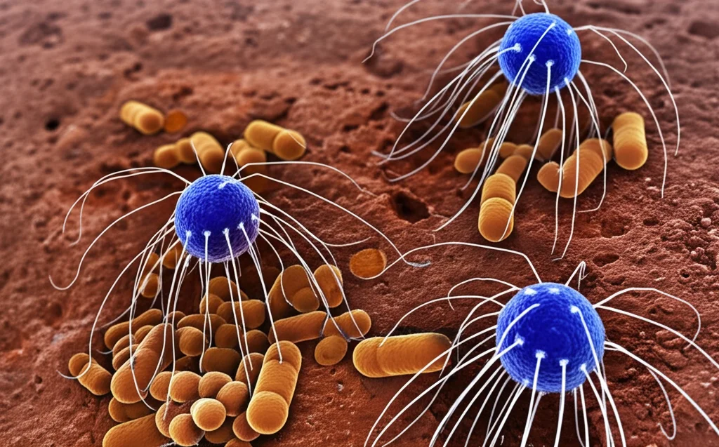Immagine fotorealistica, obiettivo macro 70mm, che mostra batteriofagi che attaccano batteri solfato-riduttori (SRB) su una superficie metallica corrosa, alto dettaglio, messa a fuoco precisa, rappresentando la lotta contro la corrosione microbica indotta (MIC).