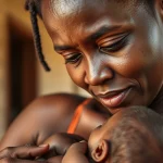 Primo piano di una madre africana della Sierra Leone che allatta al seno il suo bambino di pochi mesi, sguardo amorevole e sereno. Ambiente esterno luminoso ma ombreggiato, forse sotto una veranda o un albero. Fotografia ritratto, obiettivo 50mm prime, profondità di campo ridotta per sfocare leggermente lo sfondo, luce naturale calda e avvolgente, colori realistici e vibranti.