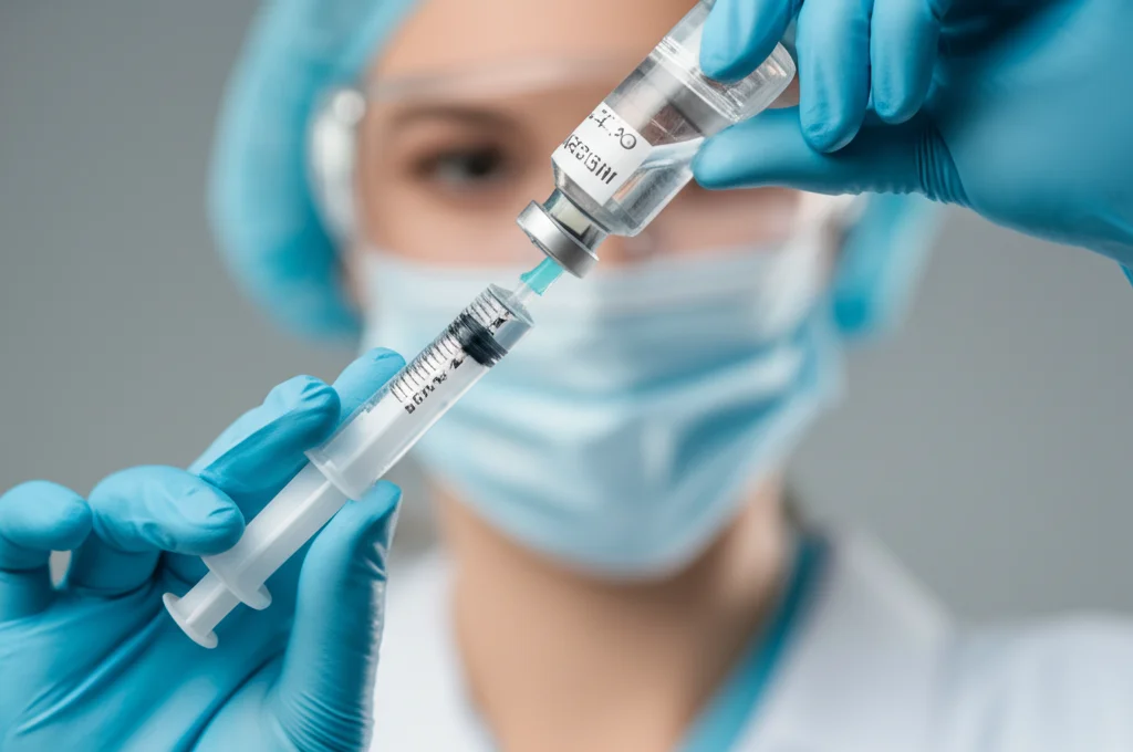 Primo piano di una siringa con vaccino tenuta da un medico guantato, pronta per l'iniezione, obiettivo macro 85mm, alta definizione, illuminazione da studio controllata, sfondo leggermente sfocato per concentrare l'attenzione sull'atto della vaccinazione.