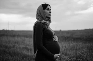 Ritratto intenso di una donna rifugiata incinta che guarda con speranza ma anche preoccupazione verso l'orizzonte, simboleggiando il suo viaggio materno in un nuovo paese. Obiettivo 35mm, film noir, forte contrasto, profondità di campo.