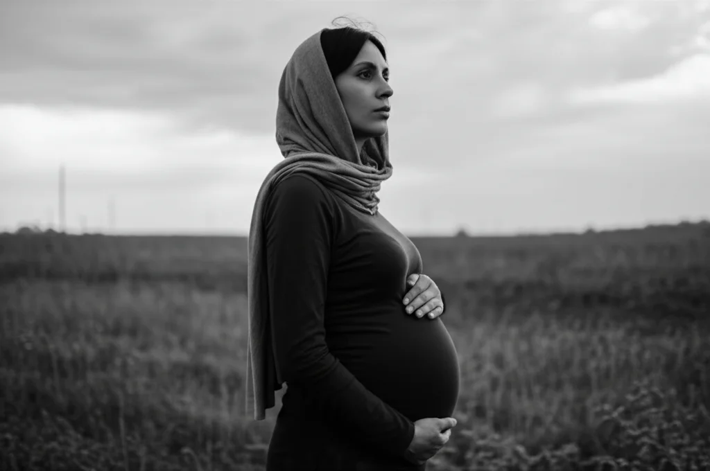 Ritratto intenso di una donna rifugiata incinta che guarda con speranza ma anche preoccupazione verso l'orizzonte, simboleggiando il suo viaggio materno in un nuovo paese. Obiettivo 35mm, film noir, forte contrasto, profondità di campo.