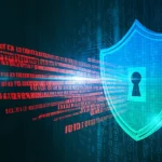 Scudo digitale stilizzato high-tech, illuminato di blu e verde, che devia attivamente linee di codice binarie rosse e distorte rappresentanti un attacco malware offuscato. Sfondo astratto a tema cybersicurezza, obiettivo 35mm, profondità di campo, effetto lens flare.