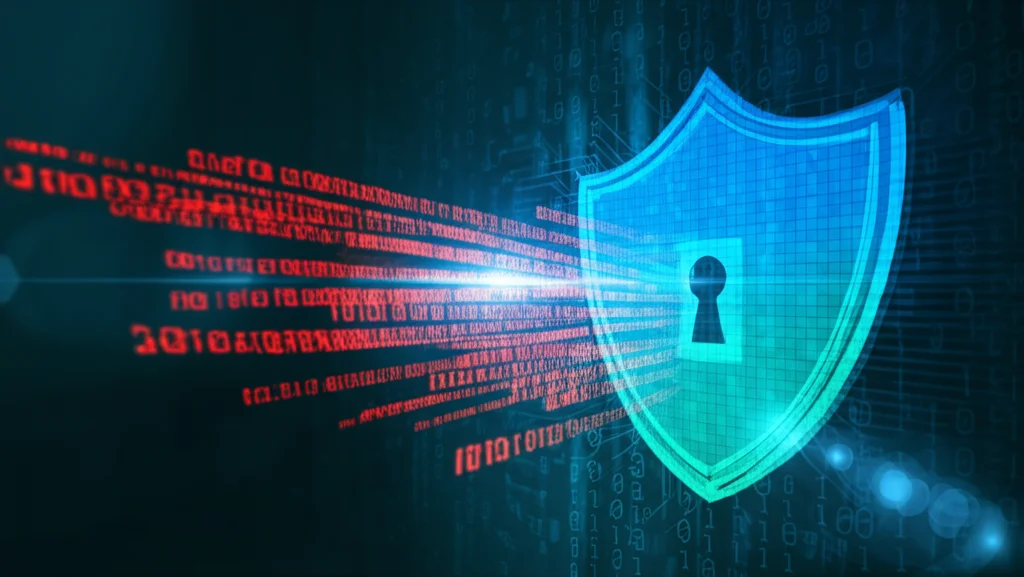 Scudo digitale stilizzato high-tech, illuminato di blu e verde, che devia attivamente linee di codice binarie rosse e distorte rappresentanti un attacco malware offuscato. Sfondo astratto a tema cybersicurezza, obiettivo 35mm, profondità di campo, effetto lens flare.