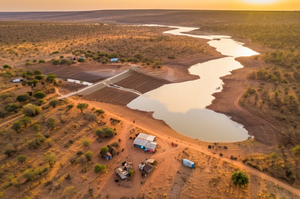Vista aerea con drone, wide-angle 15mm, di una diga a valle in una regione semi-arida dell'Africa Orientale (Karamoja/Turkana), che mostra il contrasto tra l'acqua raccolta e il paesaggio circostante secco, con alcune capanne di comunità migranti nelle vicinanze, luce dorata del tramonto, sharp focus.