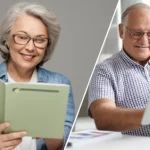 Collage di volti sorridenti e attenti di persone di diverse età - un giovane adulto, una donna di mezza età, un uomo anziano - che leggono o discutono informazioni sulla salute contenute in opuscoli o su un tablet. Sfondo neutro e luminoso, obiettivo prime 35mm, colori naturali e vivaci, profondità di campo che sfoca leggermente lo sfondo per enfatizzare i volti.